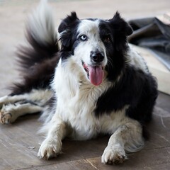 Border collie dog lying down and panting with tongue hanging out 