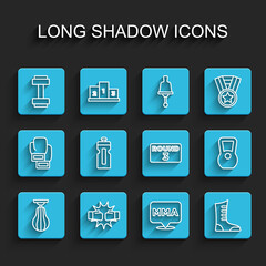 Set line Punching bag, boxing gloves, Dumbbell, Fight club MMA, Sport shoes, Fitness shaker, Kettlebell and Boxing ring board icon. Vector
