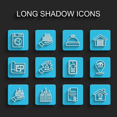 Set line Skyscraper, Washer, House contract, Location with house, Realtor, and Online real estate icon. Vector