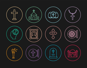 Set line Muslim Mosque, Dharma wheel, Easter egg, Christian icon, Yin Yang, cross, and Church building icon. Vector