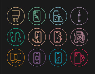 Set line Phone repair service, Multimeter, Smartphone battery charge, Glass screen protector, USB cable cord, Charger, and Mobile with broken icon. Vector