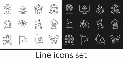 Set line Medal, Stair with finish flag, Shield, Target, Chess, arrow, Hand holding and icon. Vector