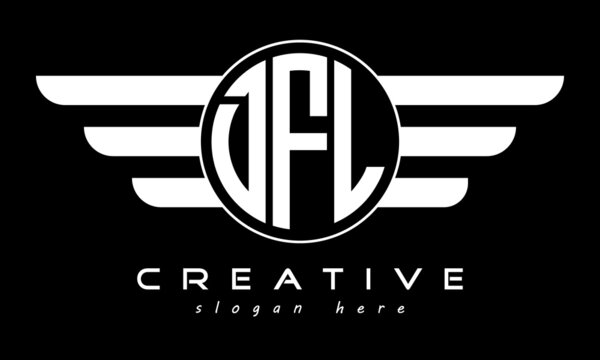 DFL three letter monogram type circle letter logo with wings vector template.