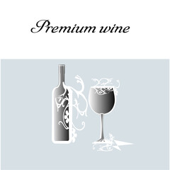 wine bottle and glass, premium wine, black and white, flat illustration