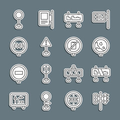 Set line Traffic light, Road traffic sign, warning rockfall, Exclamation mark triangle, No overtaking road, and cell phone icon. Vector