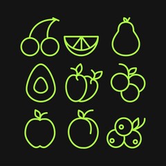A set of icons of berries and fruits. Outline drawing. Symbol. Graphic. Vector. Style. Sketch. Food. Cooking. Garden and vegetable garden. Button.