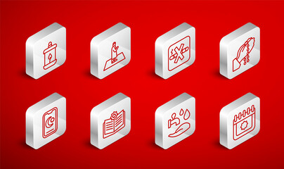 Set line Ramadan calendar, Muslim man prays, No Smoking, Hands praying position, Wudhu, Kareem lantern, Holy book of Koran and Star crescent icon. Vector