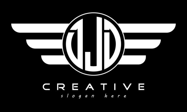 DJD three letter monogram type circle letter logo with wings vector template.