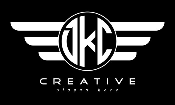 DKC three letter monogram type circle letter logo with wings vector template.