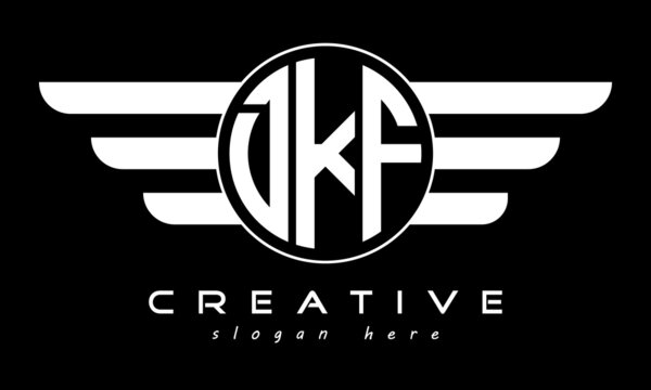 DKF three letter monogram type circle letter logo with wings vector template.