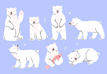 Set of polar bears characters in cute cartoon style. Vector isolated illustration.