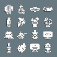 Set line Mexican sombrero, Mustache, Cactus, Wrestling championship belt, Nachos, Burrito, and or succulent pot icon. Vector