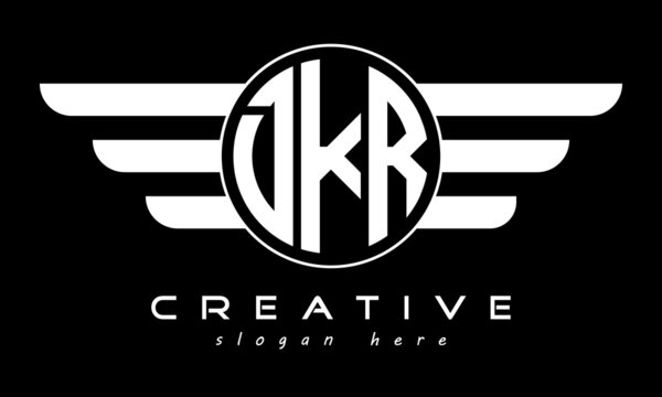 DKR three letter monogram type circle letter logo with wings vector template.