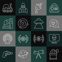 Set line Astronomical observatory, Alien, Satellite dish, Solar system, Astronaut helmet, Mars rover and UFO flying spaceship icon. Vector