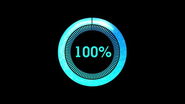 Battery indicator fills up to 100% from 0, animation loop isolated on black background with blue progress screen indicator