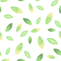 Seamless pattern with hand-drawn watercolor green leaves. Abstract background. Organic, natural, freshness concept for textile, print, etc.