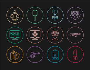 Set line Rocket launcher, Submachine gun, Military reward medal, Location peace, The word, Jet fighter, and Anti-tank hand grenade icon. Vector