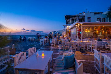 View of restaurants at Little Venice in Mykonos Town at night, Mykonos, Cyclades Islands, Greek Islands, Aegean Sea