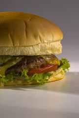 Burger with melted cheese, lettuce, tomato and herb mayonnaise served on traditional bread