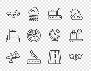 Set line Warning aircraft, Aviation emblem, Conveyor belt with suitcase, Plane landing, UAV Drone, Radar targets monitor, Airport runway and Scale icon. Vector
