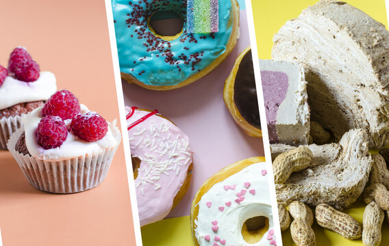 A set of pictures with colorful desserts. Bright donuts, cupcakes and halva on a colored background, a collage of confectionery