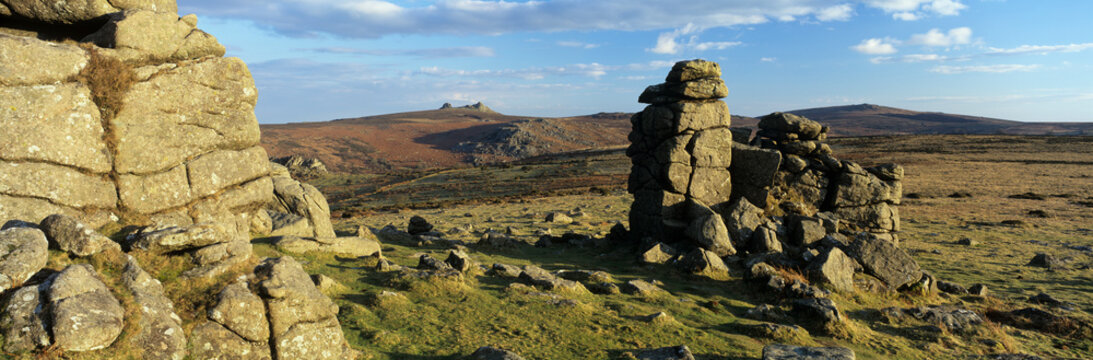 Hound Tor granite rock formation in evening sunlight, near Manaton, Dartmoor National Park, Devon