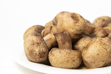 Boiled mushrooms on a white background. Boiled champignons on a white plate. Healthy diet