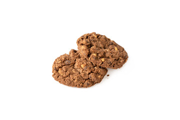 Oatmeal cookies with chocolate, muesli cookies healthy food isolated on white background.