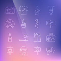 Set line Megaphone, Suitcase for travel, Peace, Bong, Cactus, Yin Yang symbol, Photo camera and Flower vase icon. Vector