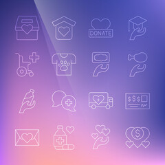 Set line Donation and charity, Bank check, food, Animal volunteer, Wheelchair for disabled person, and icon. Vector