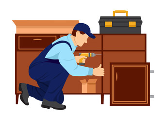 Master works with a screwdriver. Cabinet door is standing nearby. Assembling or dismantling furniture. Vector Illustration in flat style on white background.
