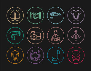 Set line Pearl, Anchor, Fishing harpoon, Photo camera for diver, Flashlight, Aqualung, Wetsuit scuba diving and icon. Vector