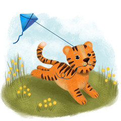 Happy Chinese new year greeting card 2022 with cute tiger in different season location for calendar. Animal holidays cartoon character.