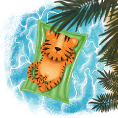 Happy Chinese new year greeting card 2022 with cute tiger in different season location for calendar. Animal holidays cartoon character.