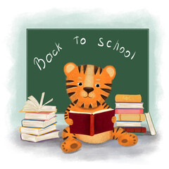 Happy Chinese new year greeting card 2022 with cute tiger in different season location for calendar. Animal holidays cartoon character