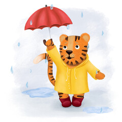 Happy Chinese new year greeting card 2022 with cute tiger in different season location for calendar. Animal holidays cartoon character