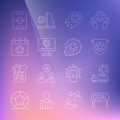 Set line Goal soccer football, Football shoes, flag pennant, Soccer, match on TV, or calendar, field and icon. Vector