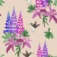 Floral seamless pattern. Lupine, lily and hummingbirds on a beige background.