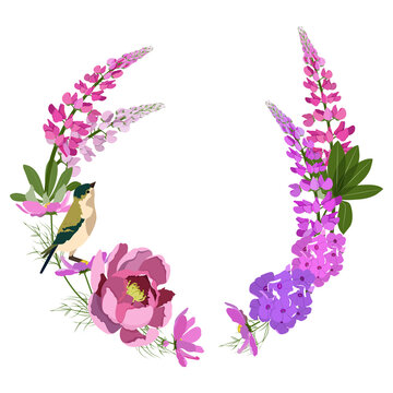 Decorative vector wreath of garden flowers, lupine, peonies, kosmea flowers and bird with place for your text on a isolated background.