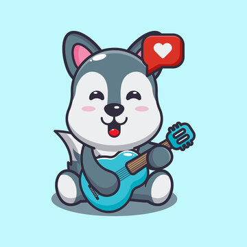 Cute wolf playing guitar cartoon vector illustration.