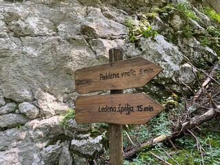 Marked tourist-hiking trail in Golubinjak forest park or Cave trail in Gorski kotar - Sleme, Croatia (Markirana turističko-planinarska staza u park šumi Golubinjak ili Staza spilja u Gorskom kotaru)