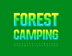 Vector bright Logo Forest Camping. Trendy Glossy Font. Artistic Alphabet Letters and Numbers set