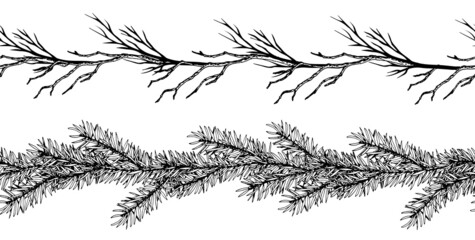 Seamless borders with forest pine branches. Black and white and drawn vector illustration.