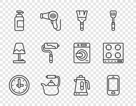 Set line Clock, Mobile phone, Paint brush, Kettle with handle, Antibacterial soap, roller, Electric kettle and Gas stove icon. Vector