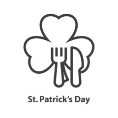 Comida irlandesa. Logotipo con texto St Patrick's Day con trebol y cubiertos con líneas en color gris