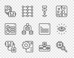 Set line Artificial intelligence robot, Processor CPU, Algorithm, Neural network, Server, Data, AI and icon. Vector