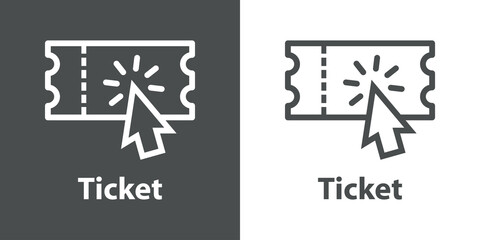 Logo compra entrada online. Icono ticket con flecha como cursor con líneas en fondo gris y fondo blanco © teracreonte