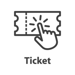 Logo compra entrada online. Icono ticket con mano como cursor con líneas en color gris