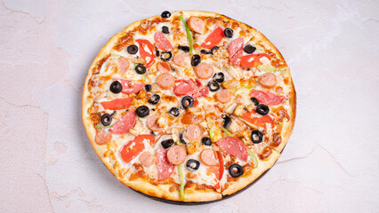 Mixed pizza isolated top view