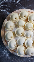 dumplings, a traditional dish of Russian cuisine, made of dough stuffed with minced meat, minced meat, cooking process, modeling, recipe